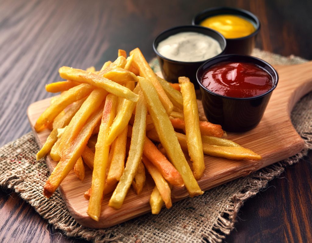 representación PLato de french fries con 3 salsas