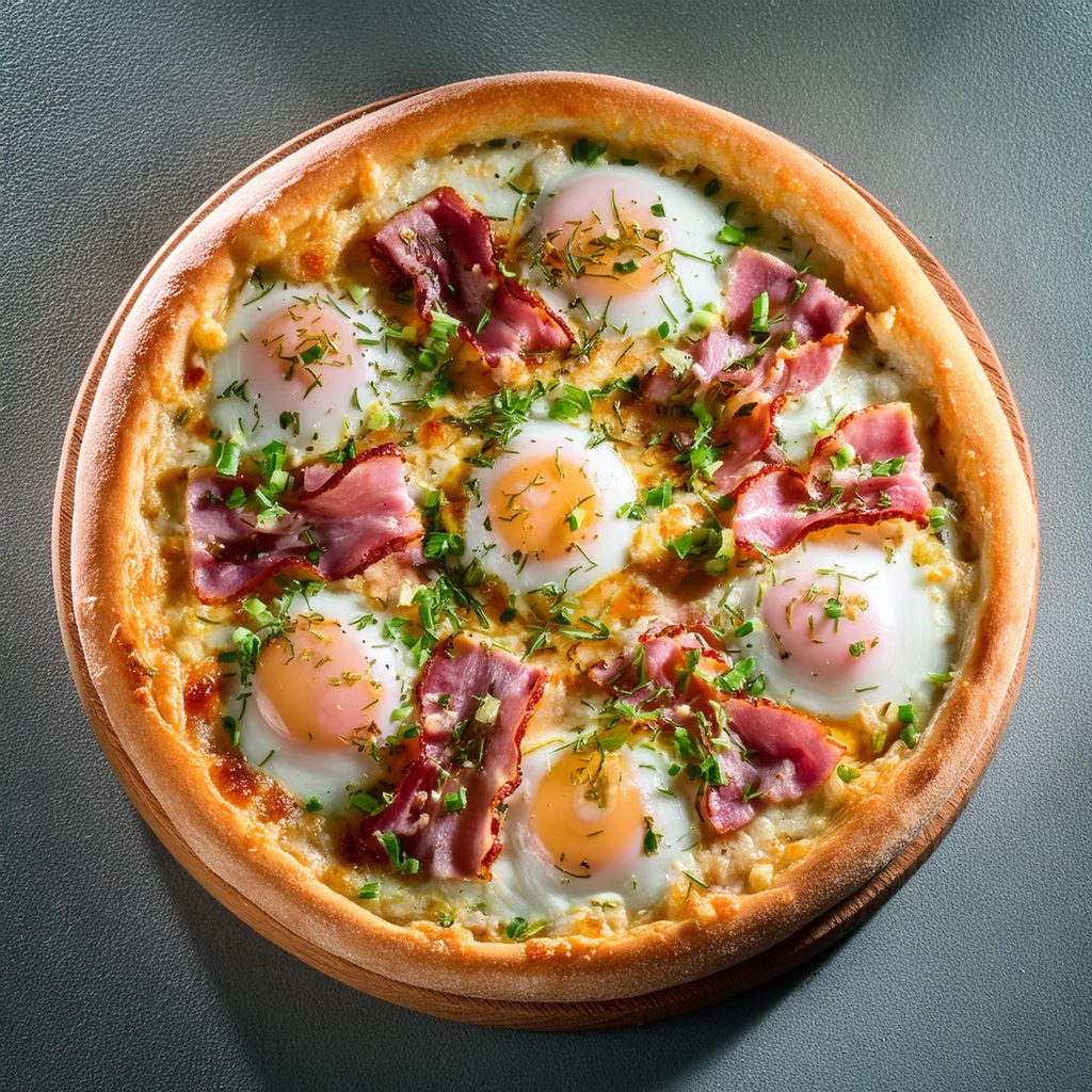 ción pizza con salsa blanca, mozzarella rallada y fresca, bacon, jamón york, huevos, cebolla roja