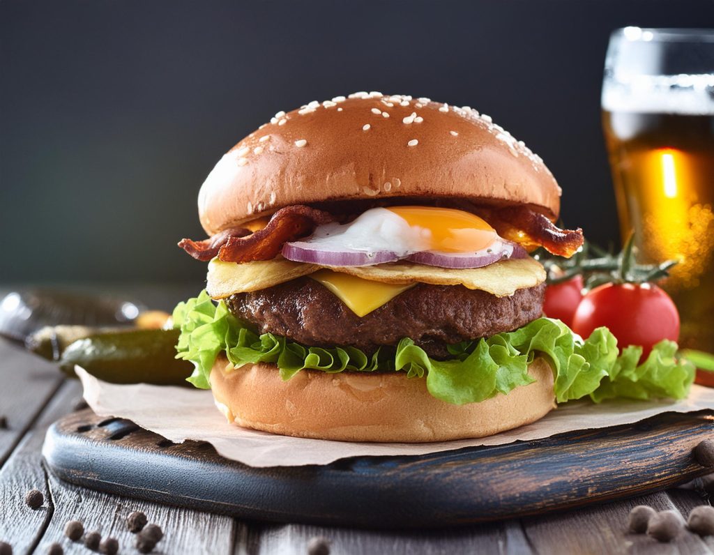 Representación Hamburguesa con patatas de 150 gr de carne, lechuga, tomate, cebolla, queso, bacon, pimiento