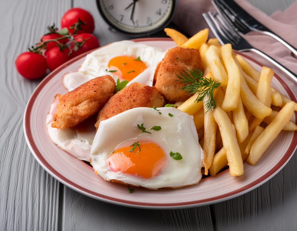 Representación Patatas fritas con Huevos fritos con tiras de pollo y croquetas de jamón