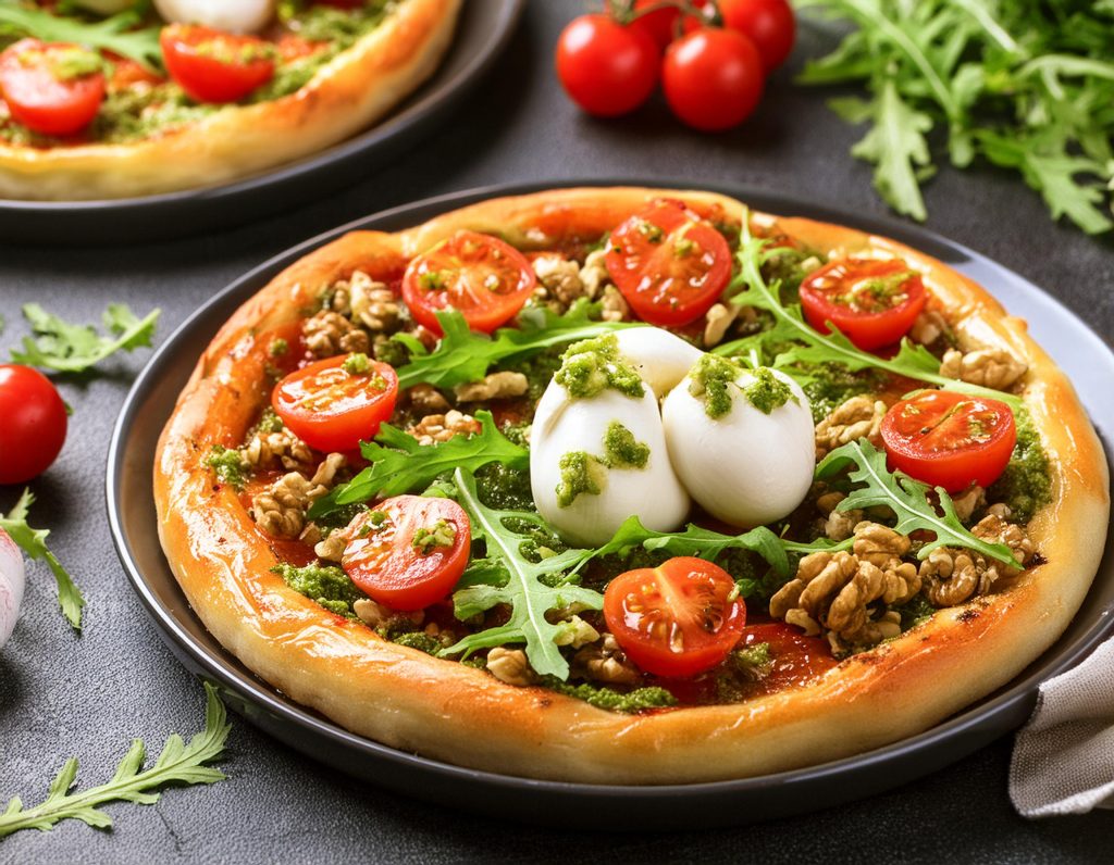 Representación Pizzas de Tomate, mozzarella di búfala, nueces, pesto verde, tomate cherry y rúcula