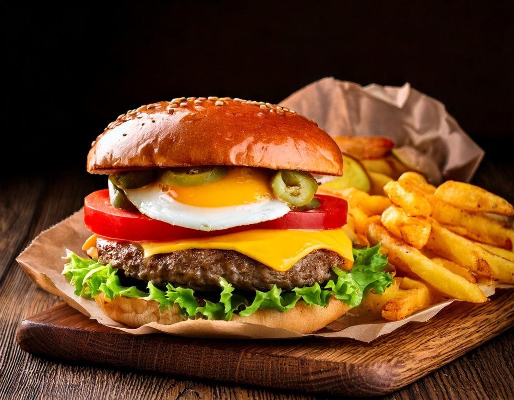 Hamburguesa a la brasa con Tomate, lechuga, huevo, queso y jalapeños con patatas fritas