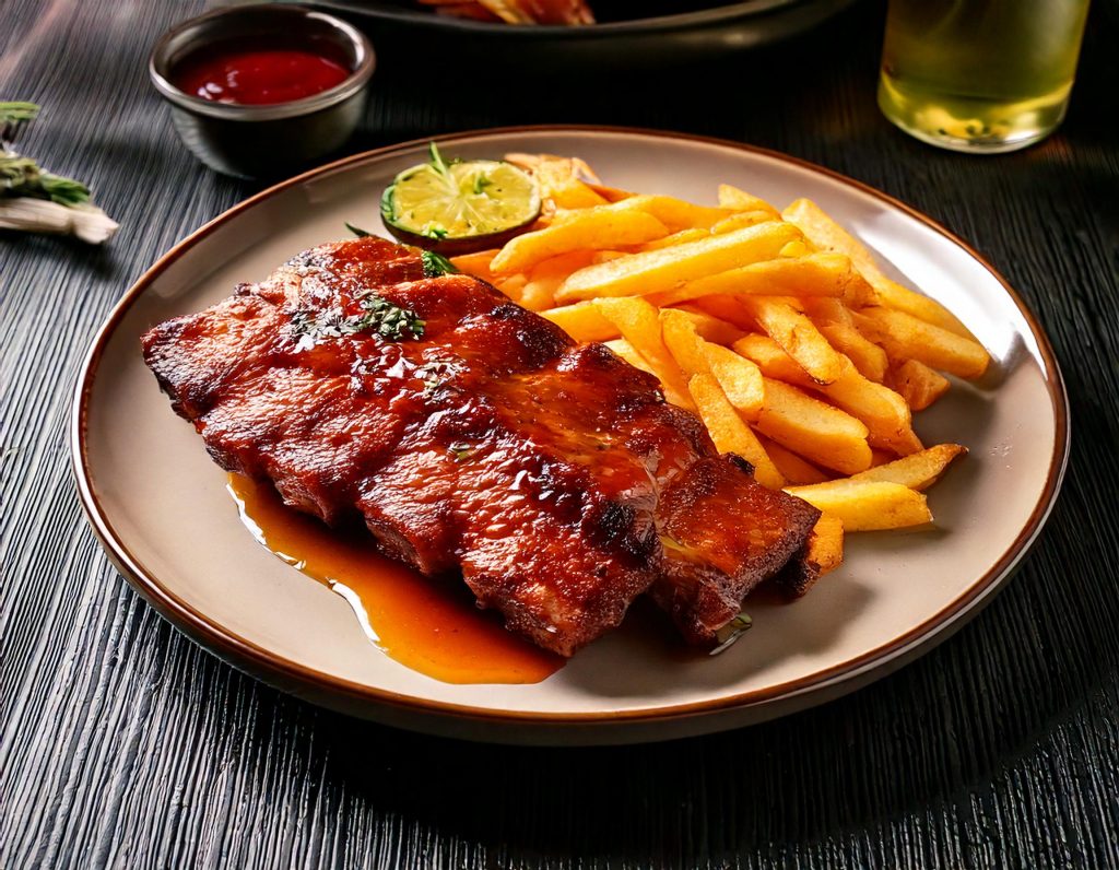 plato de costilla de cerdo al horno con salsa de miel acompañado de patatas fritas